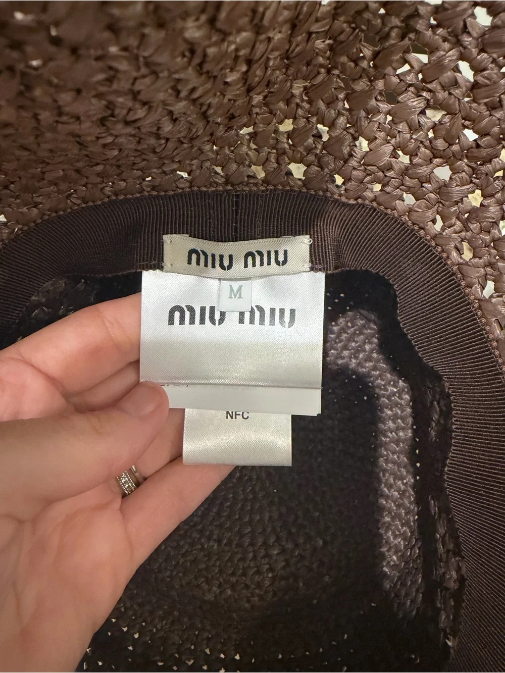 Miu Miu Chocolate Brown Crochet Bucket Hat with Gold Logo